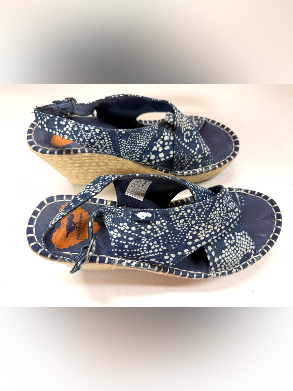 Rocket Dog Navy & White Printed Espadrille Wedge Sandals sz8.5